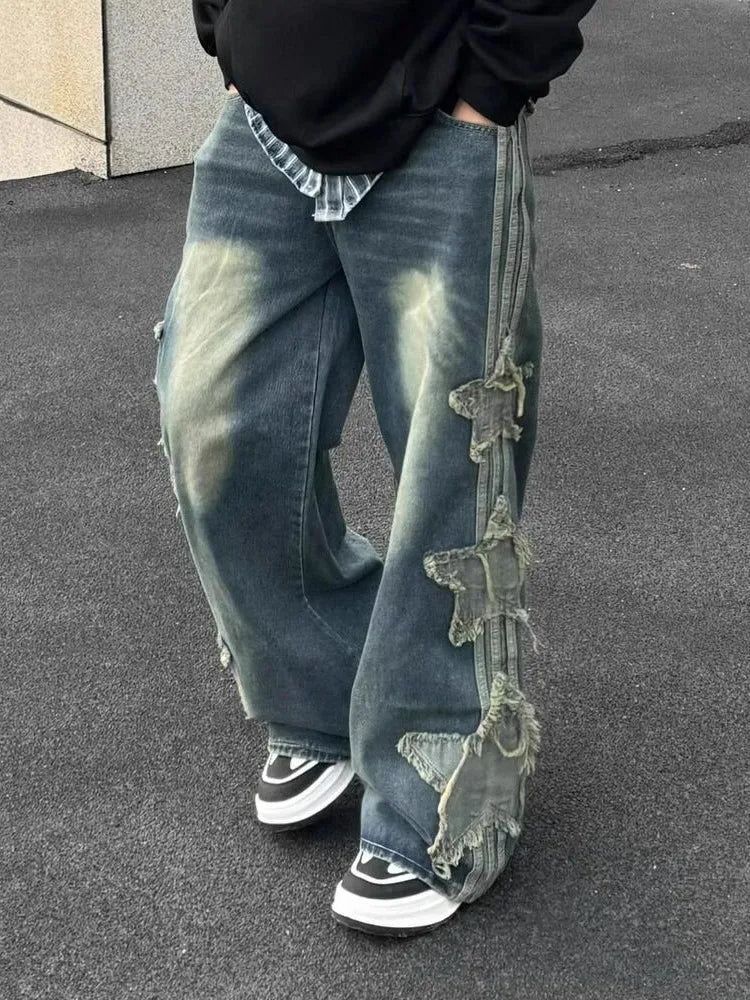 Star Jeans for Women Girls Baggy Cute Patchwork Denim Pants Y2k High Waisted Jeans Grunge Aesthetic Clothes