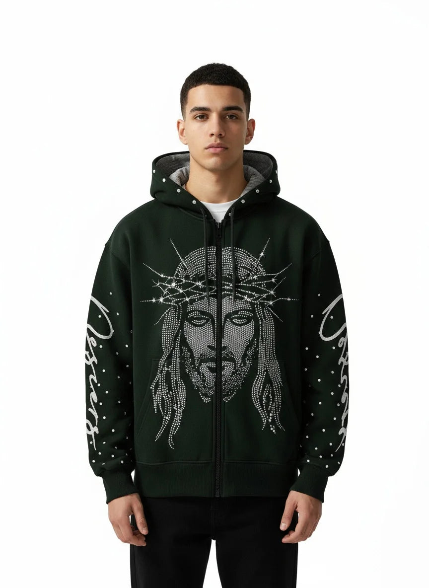 A loose hoodie with a three-dimensional pattern of diamond-encrusted figures in the European and American fashion street style f